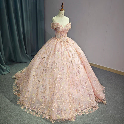 Pink Floral Embroidered Off-Shoulder Fairytale Princess Wedding Ball Gown