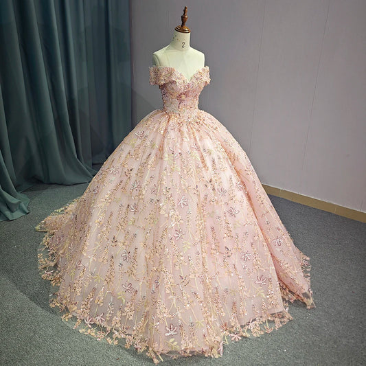 Pink Floral Embroidered Off-Shoulder Fairytale Princess Wedding Ball Gown