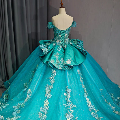 Turquoise Blue Off-Shoulder Floral Ball Gown with Sweetheart Neckline & Embroidered Train