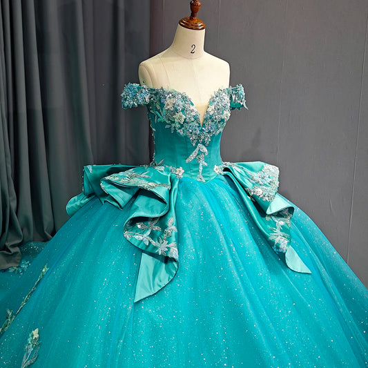 Turquoise Blue Off-Shoulder Floral Ball Gown with Sweetheart Neckline & Embroidered Train