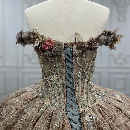 Vintage Renaissance Gold Floral Off-Shoulder Ball Gown with Lace, Floral & Beaded Details