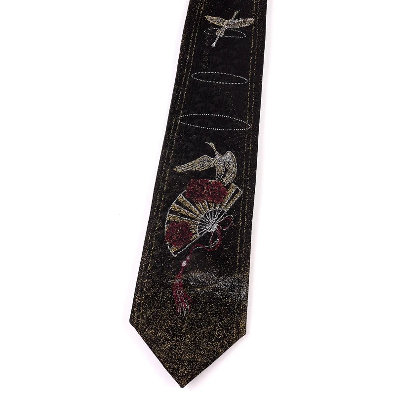 Men's Oriental Crane & Fan Chinese Style Black Jacquard Embroidered Necktie - Lovez Aqua© - 
