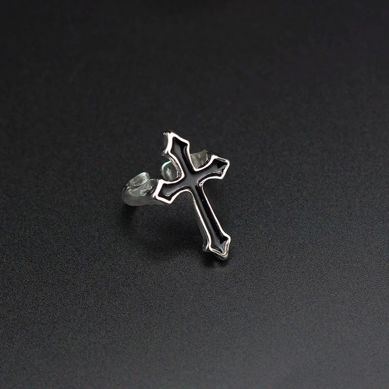 Men's Gothic Vintage Black & Silver Religious Cross Open Ring