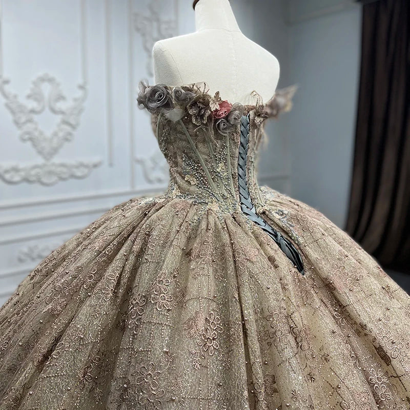Vintage Renaissance Gold Floral Off-Shoulder Ball Gown with Lace, Floral & Beaded Details