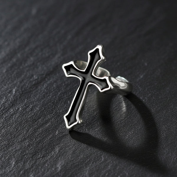 Men's Gothic Vintage Black & Silver Religious Cross Open Ring