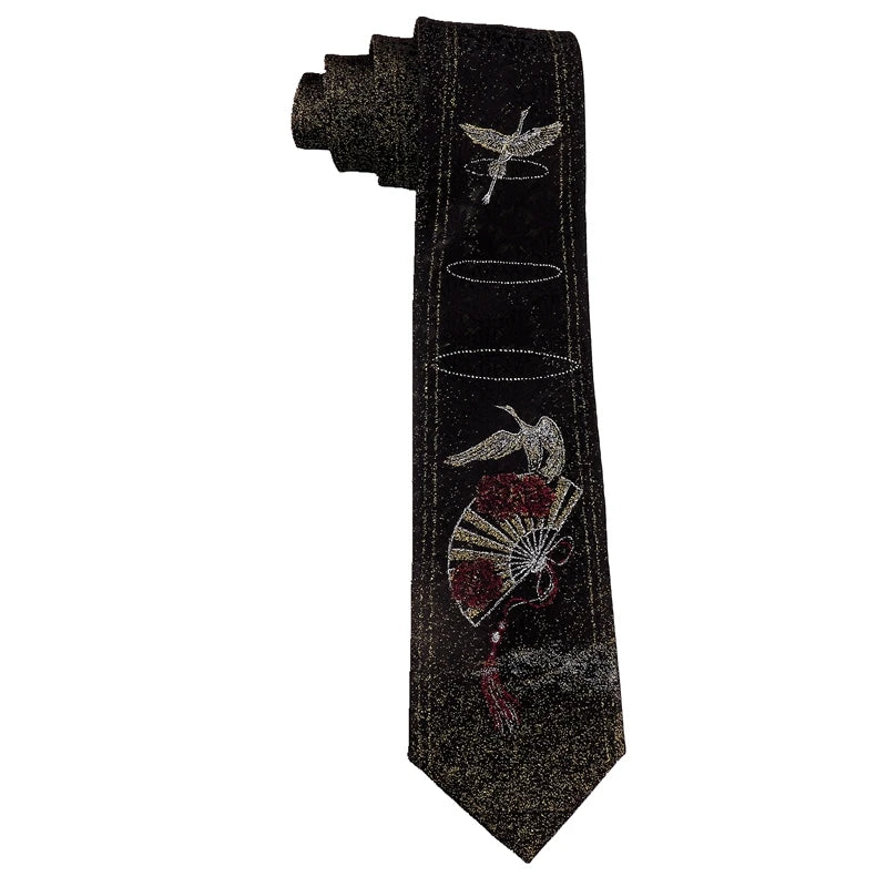Men's Oriental Crane & Fan Chinese Style Black Jacquard Embroidered Necktie - Lovez Aqua© - 