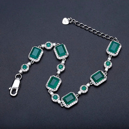 925 Sterling Silver, Natural Agate Stone & Cubic Zirconia Rectangle Cabochons Women's Bracelet
