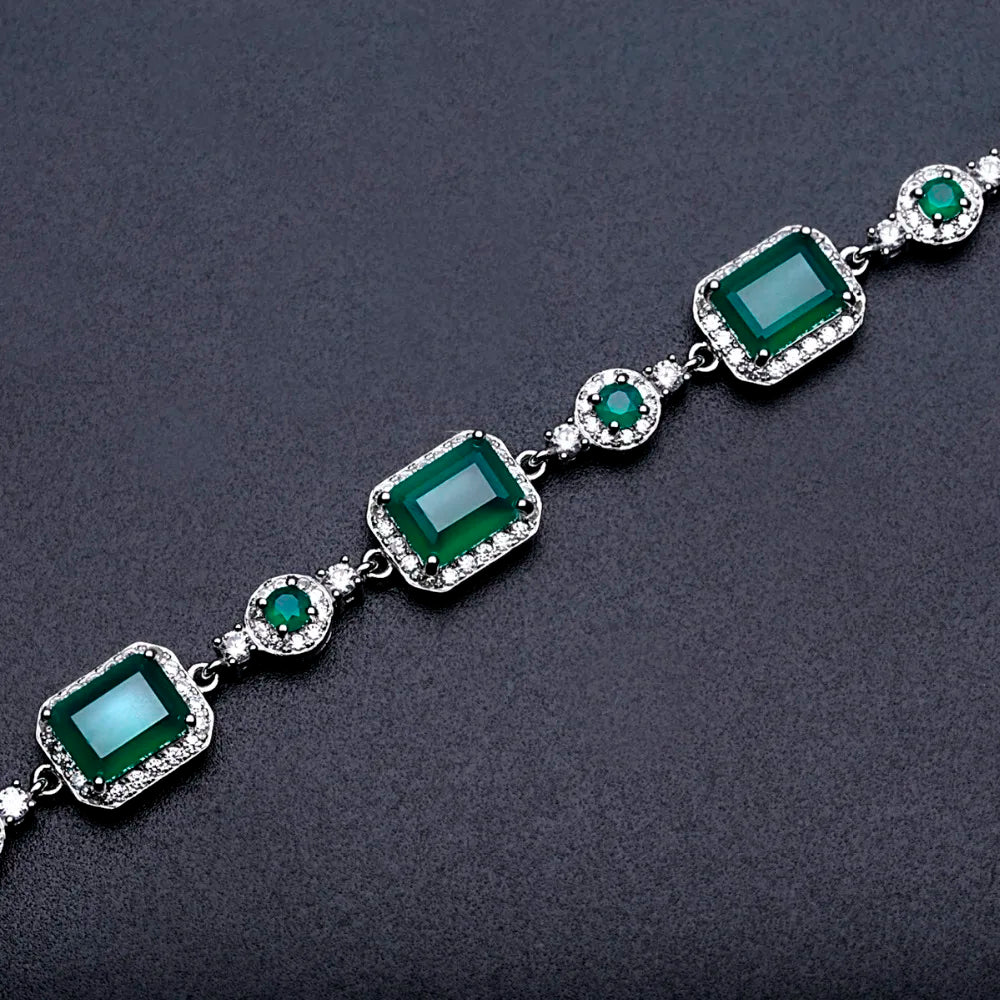 925 Sterling Silver, Natural Agate Stone & Cubic Zirconia Rectangle Cabochons Women's Bracelet