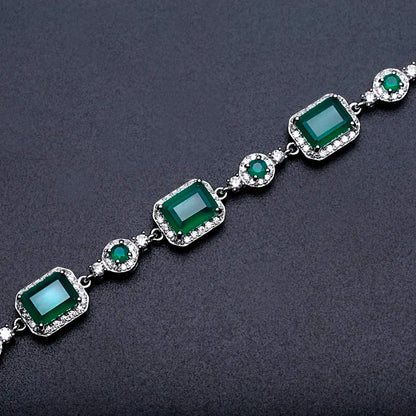 925 Sterling Silver, Natural Agate Stone & Cubic Zirconia Rectangle Cabochons Women's Bracelet