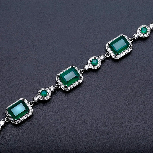 925 Sterling Silver, Natural Agate Stone & Cubic Zirconia Rectangle Cabochons Women's Bracelet
