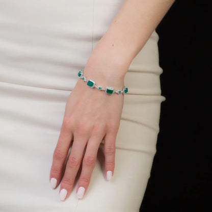 925 Sterling Silver, Natural Agate Stone & Cubic Zirconia Rectangle Cabochons Women's Bracelet