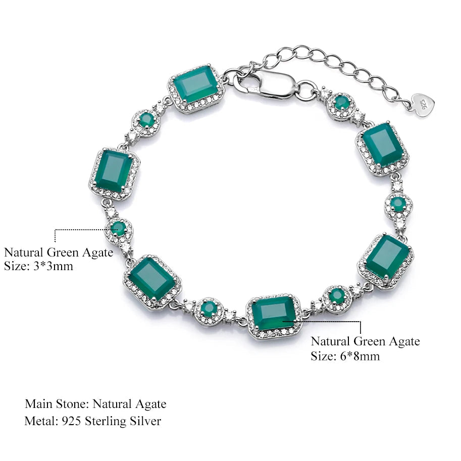 925 Sterling Silver, Natural Agate Stone & Cubic Zirconia Rectangle Cabochons Women's Bracelet