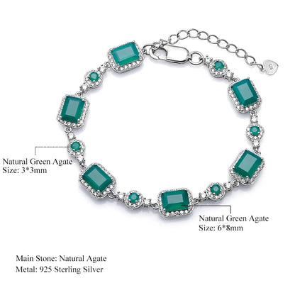 925 Sterling Silver, Natural Agate Stone & Cubic Zirconia Rectangle Cabochons Women's Bracelet