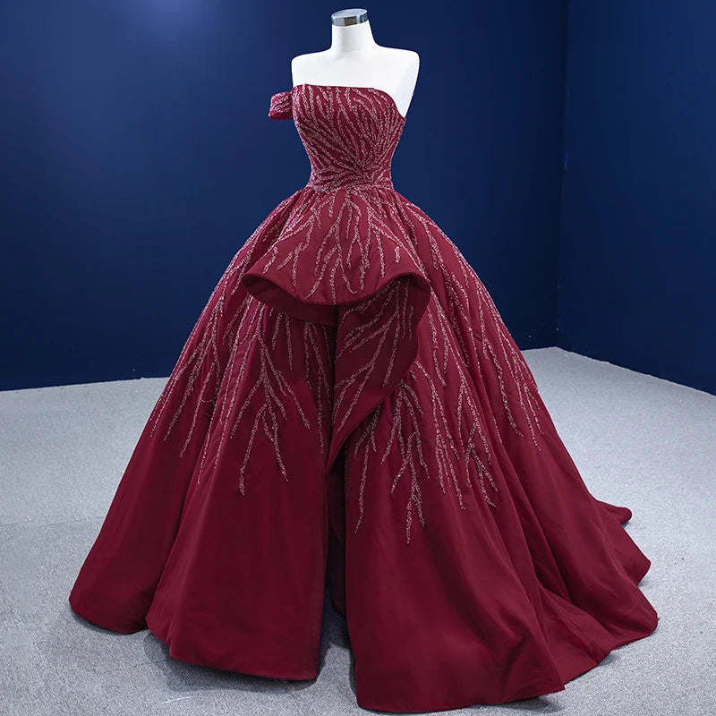 Off-Shoulder Burgundy Evening Ball Gown with Beaded Branch Embellishments