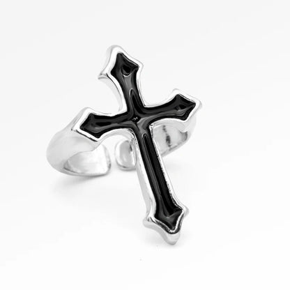 Men's Gothic Vintage Black & Silver Religious Cross Open Ring