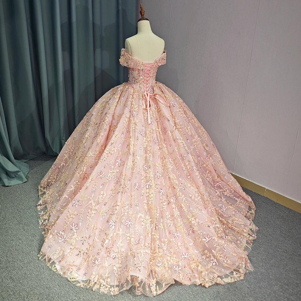 Pink Floral Embroidered Off-Shoulder Fairytale Princess Wedding Ball Gown