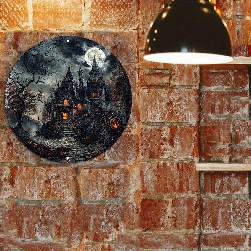 Halloween Haunted House Round Aluminum Sign Wall Art Decoration (8x8 inch) - Lovez Aqua© - 