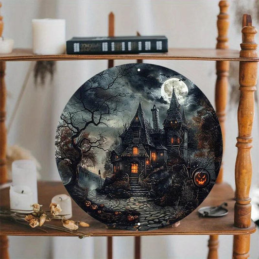 Halloween Haunted House Round Aluminum Sign Wall Art Decoration (8x8 inch) - Lovez Aqua© - 