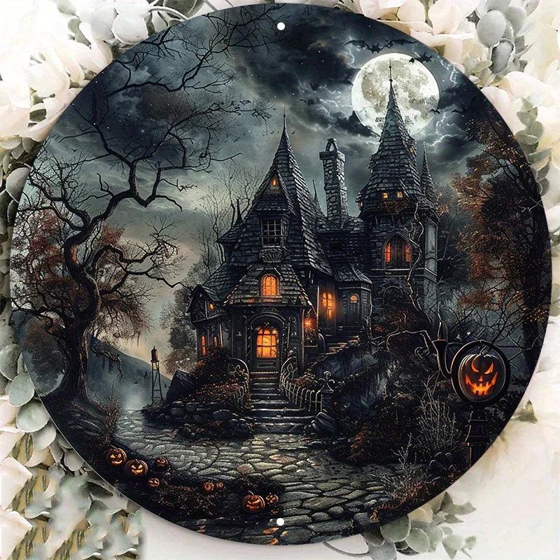 Halloween Haunted House Round Aluminum Sign Wall Art Decoration (8x8 inch) - Lovez Aqua© - Default Title