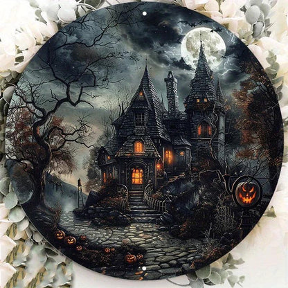 Halloween Haunted House Round Aluminum Sign Wall Art Decoration (8x8 inch) - Lovez Aqua© - Default Title