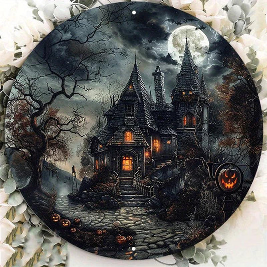 Halloween Haunted House Round Aluminum Sign Wall Art Decoration (8x8 inch) - Lovez Aqua© - Default Title