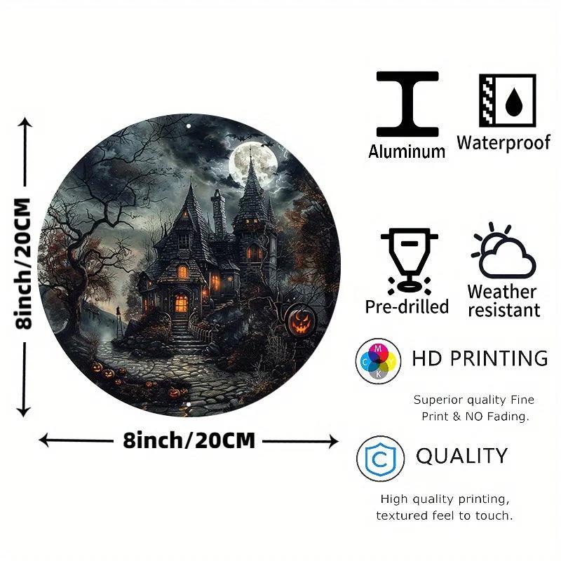 Halloween Haunted House Round Aluminum Sign Wall Art Decoration (8x8 inch) - Lovez Aqua© - 