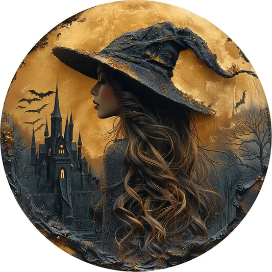 Halloween Witch & Haunted Castle Gothic Metal Wall Art Painting (8x8 Inch) - Lovez Aqua© - 20x20cm