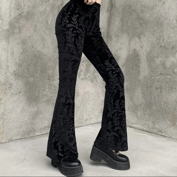 Women's Gothic Black Velvet Floral Embroidered Baroque High Waist Flare Pants