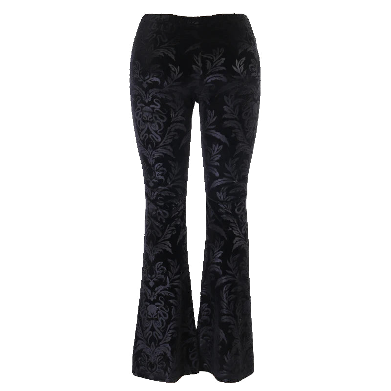 Women's Gothic Black Velvet Floral Embroidered Baroque High Waist Flare Pants
