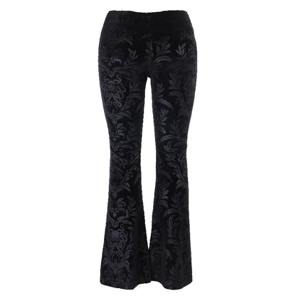 Women's Gothic Black Velvet Floral Embroidered Baroque High Waist Flare Pants