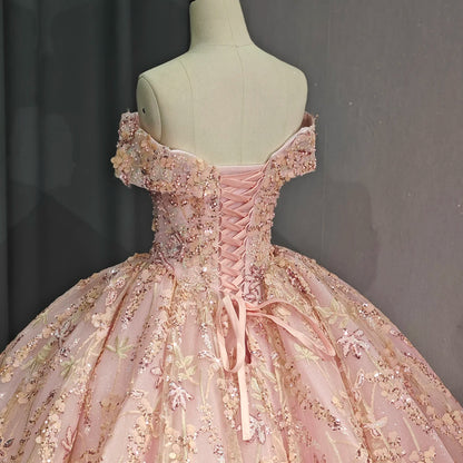Pink Floral Embroidered Off-Shoulder Fairytale Princess Wedding Ball Gown