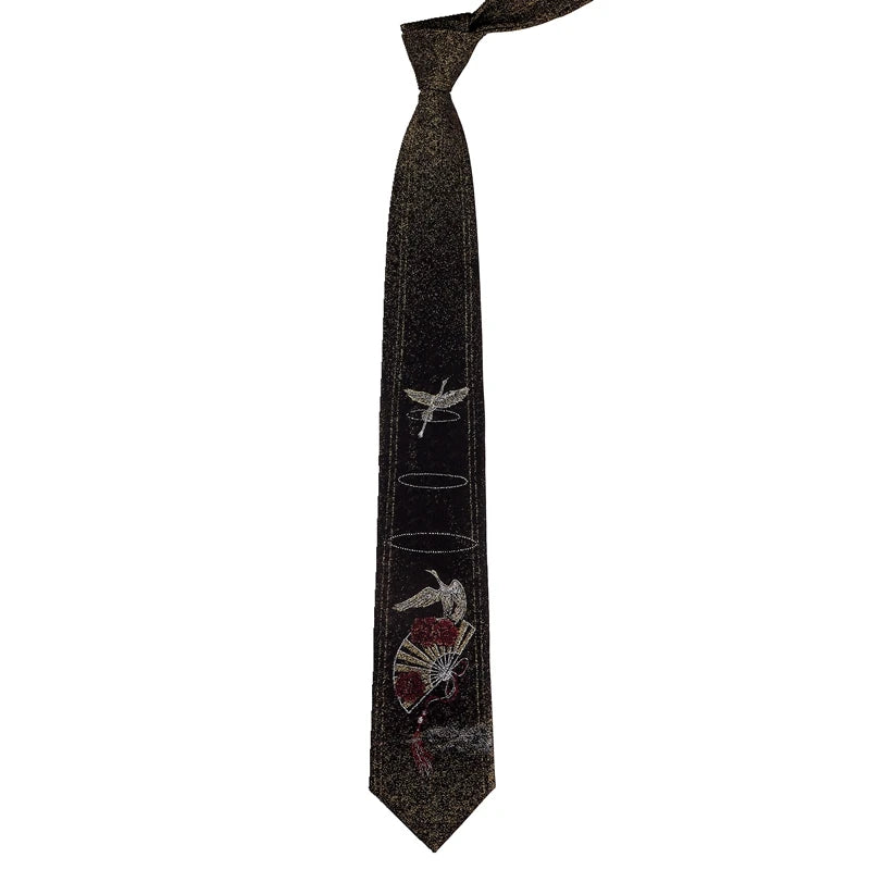 Men's Oriental Crane & Fan Chinese Style Black Jacquard Embroidered Necktie - Lovez Aqua© - 
