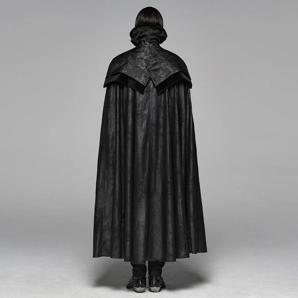 Men's Gothic Black Jacquard Embroidered Victorian Vampire Renaissance Long Cloak with High Collar