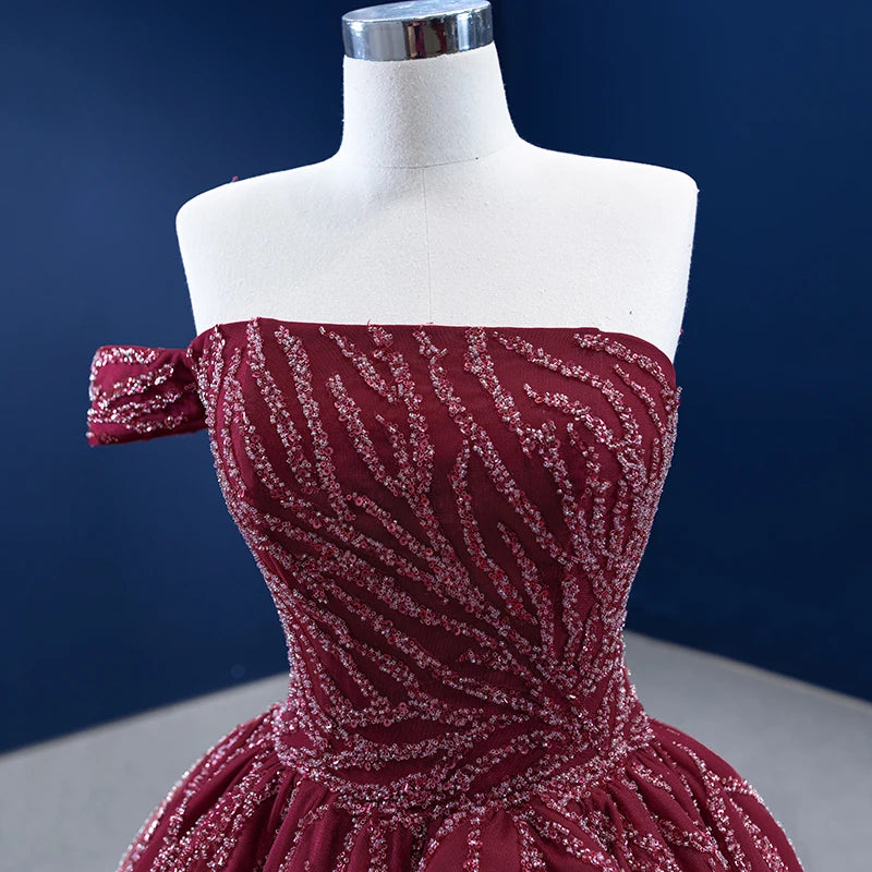 Off-Shoulder Burgundy Evening Ball Gown with Beaded Branch Embellishments