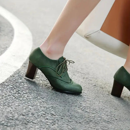 Women’s Vintage Oxford Brogue Retro Lace-Up Block High Heel Pumps