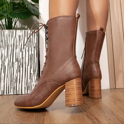 Women's Vintage Lace-Up Riding Style Calf Boots with Block Heel