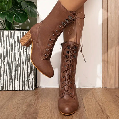 Women's Vintage Lace-Up Riding Style Calf Boots with Block Heel