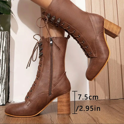 Women's Vintage Lace-Up Riding Style Calf Boots with Block Heel