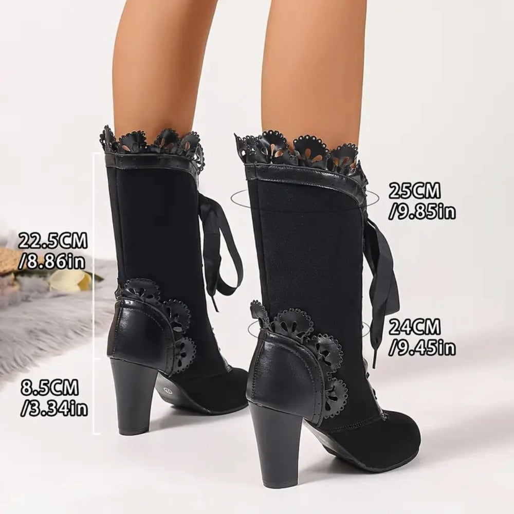 Women's Victorian Lace-Up Black Mid-Calf Block Heel Boots with Ruffle Trim & Floral Applique