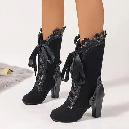 Women's Victorian Lace-Up Black Mid-Calf Block Heel Boots with Ruffle Trim & Floral Applique