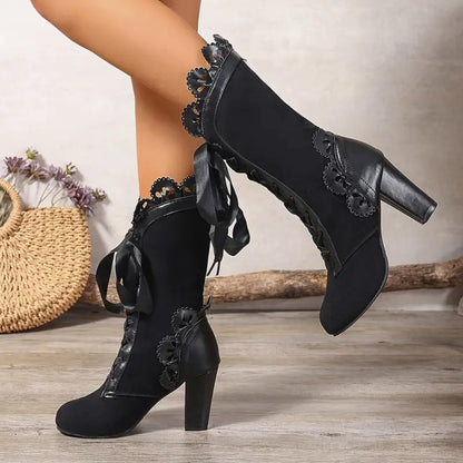 Women's Victorian Lace-Up Black Mid-Calf Block Heel Boots with Ruffle Trim & Floral Applique
