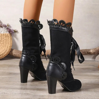 Women's Victorian Lace-Up Black Mid-Calf Block Heel Boots with Ruffle Trim & Floral Applique