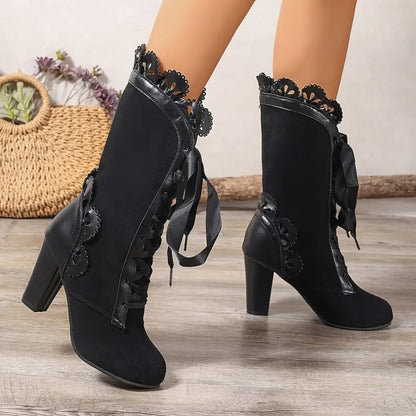 Women's Victorian Lace-Up Black Mid-Calf Block Heel Boots with Ruffle Trim & Floral Applique