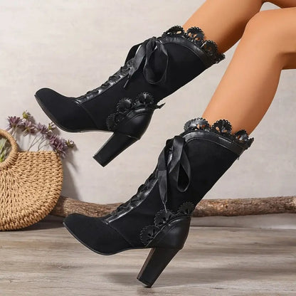 Women's Victorian Lace-Up Black Mid-Calf Block Heel Boots with Ruffle Trim & Floral Applique