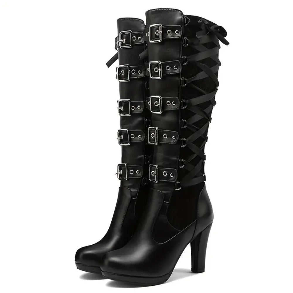 Women's Gothic Red & Black Embroidered Knee-High Buckled Combat Platform Boots