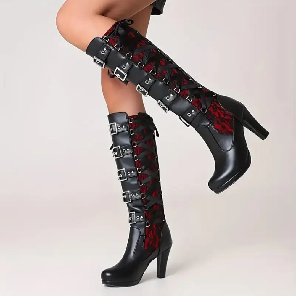 Women's Gothic Red & Black Embroidered Knee-High Buckled Combat Platform Boots