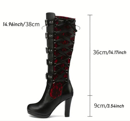 Women's Gothic Red & Black Embroidered Knee-High Buckled Combat Platform Boots