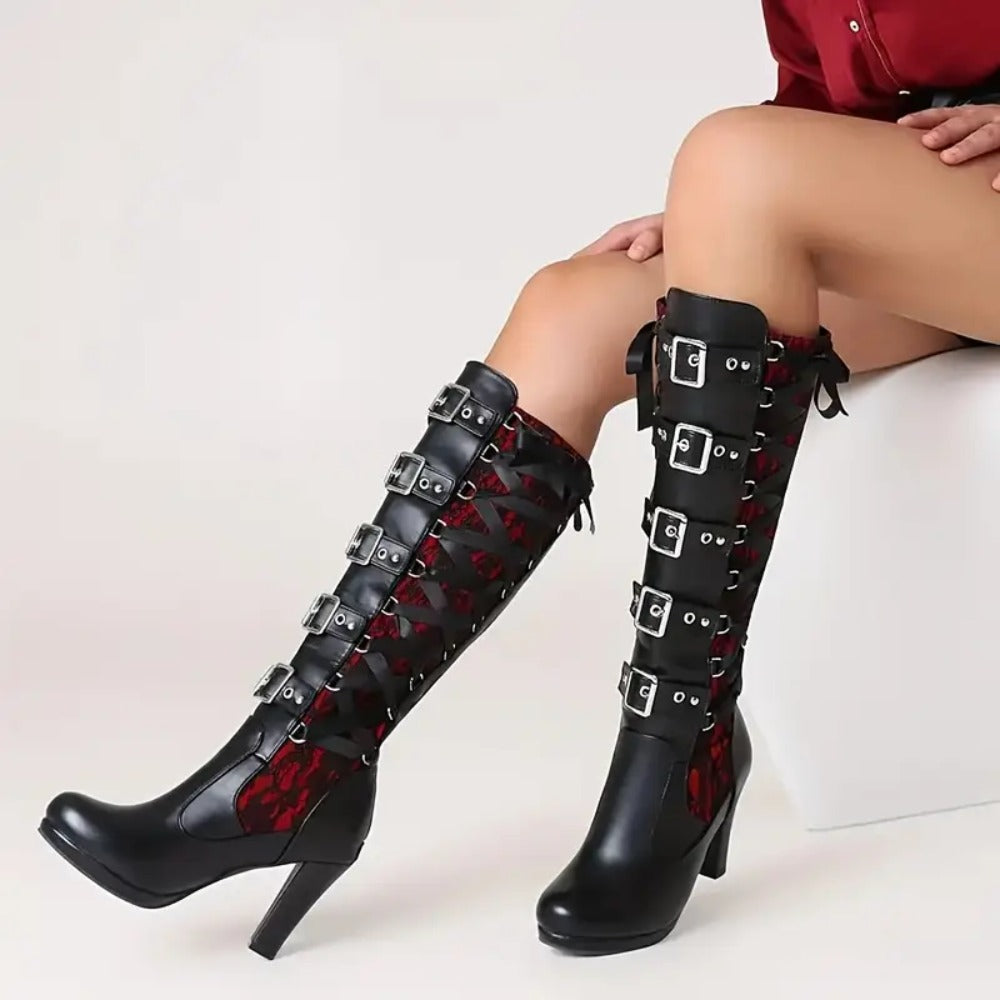 Women's Gothic Red & Black Embroidered Knee-High Buckled Combat Platform Boots
