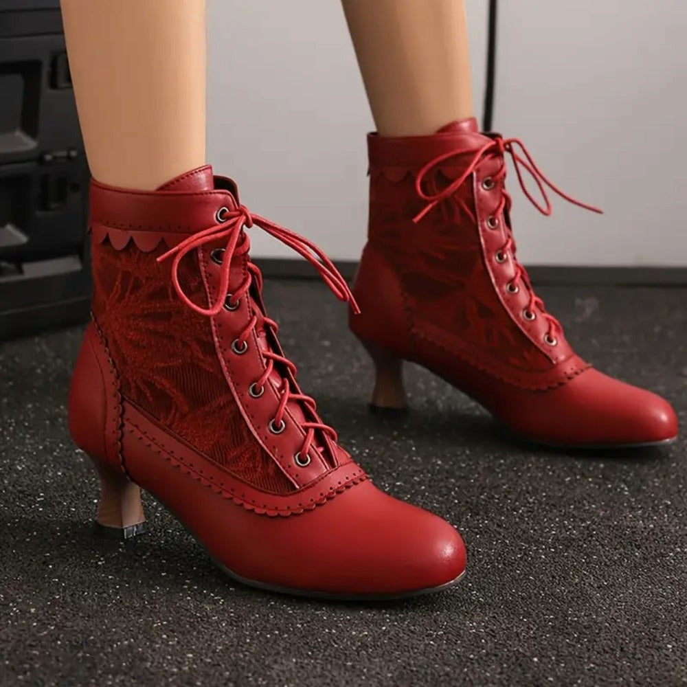 Women's Victorian Lace-Up Embroidered Vintage Kitten Heel Ankle Boots with Scalloped Trim