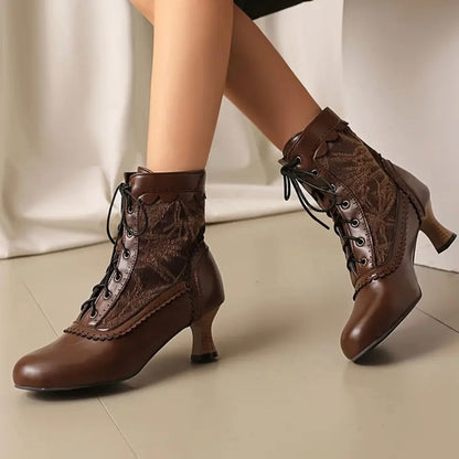 Women's Victorian Lace-Up Embroidered Vintage Kitten Heel Ankle Boots with Scalloped Trim